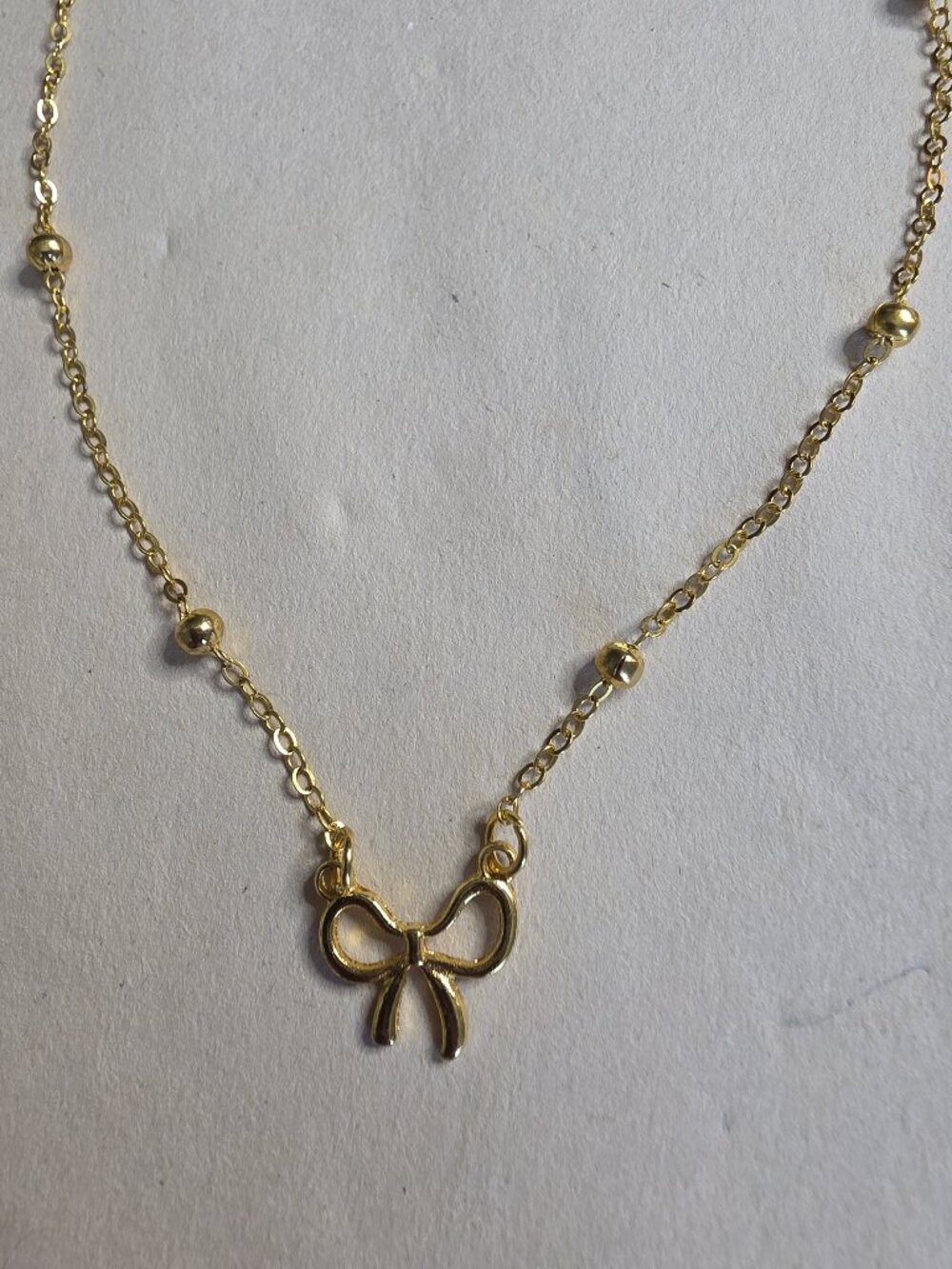 Gold Plated Dainty Bow Necklace Beaded Chain NEW